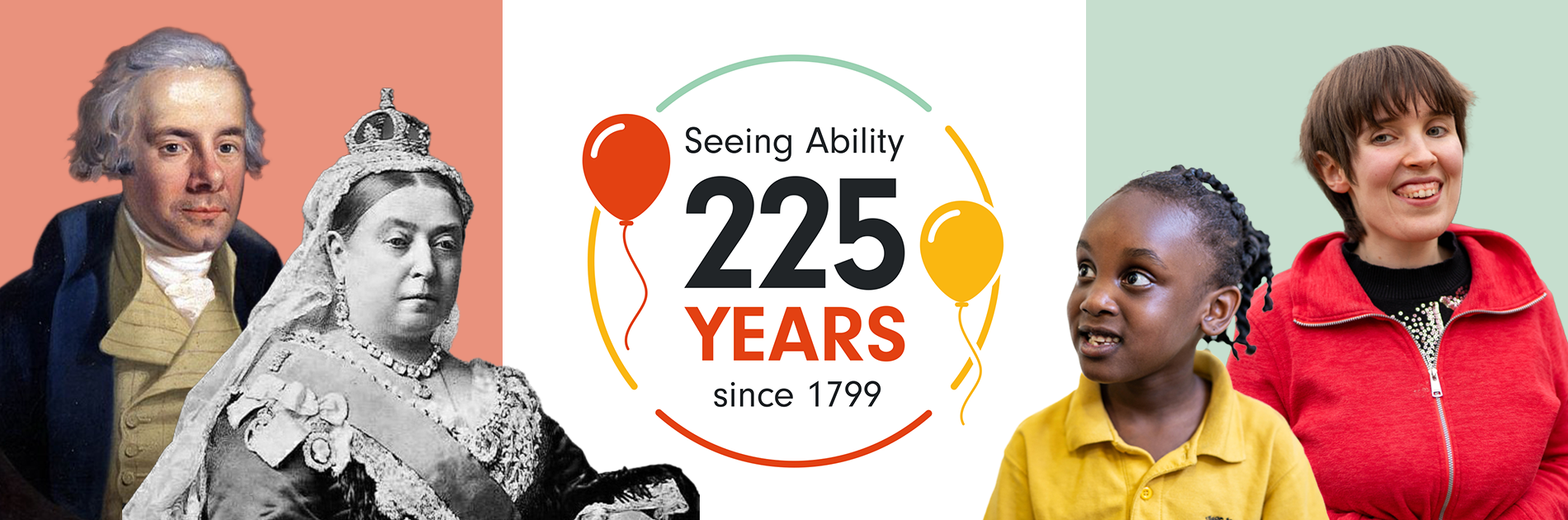 The SeeAbility 225th anniversary logo, featuring Queen Victoria, William Wilberforce, a girl from a special school and Summer