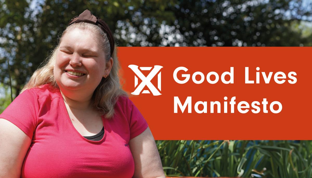 Joanne in front of a graphic that reads 'Good Lives Manifesto'