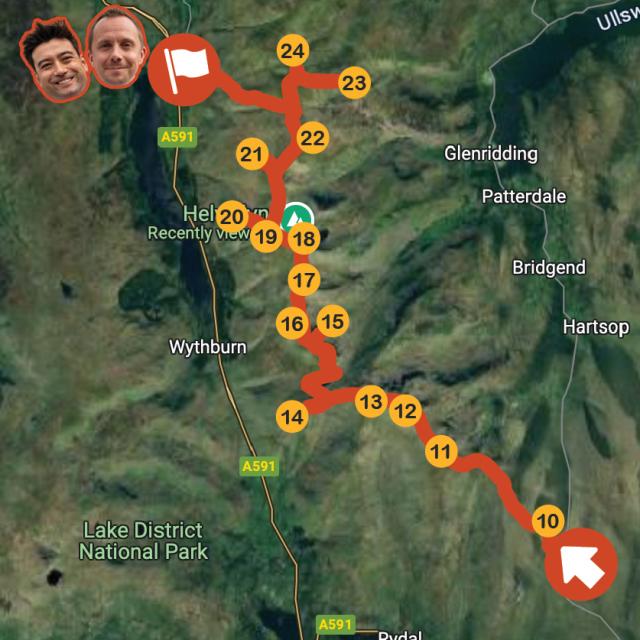 A map of the day 2 route showing all the peaks, with Jack and Michael at the end