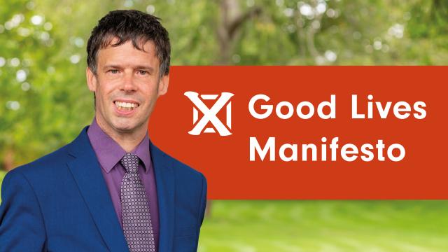 Scott Watkin with a graphic that reads 'Good Lives Manifesto' with a crossed ballot