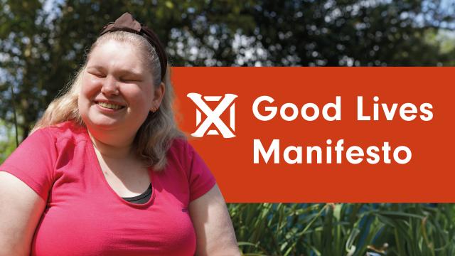 Joanne in front of a graphic that reads 'Good Lives Manifesto'