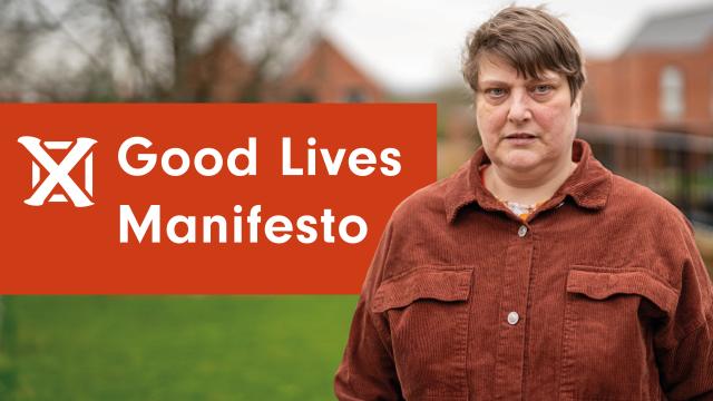 Nikkitar in front of a graphic that reads 'Good Lives Manifesto